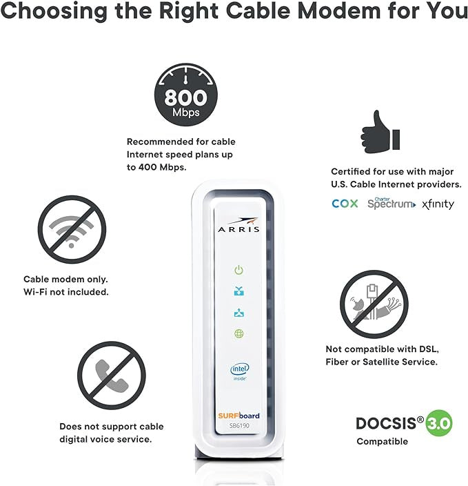 ARRIS SB6190 SURFboard DOCSIS 3.0 Gigabit+ Cable Modem DOCSIS 3.0